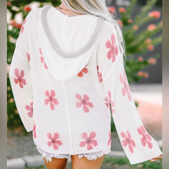 Floral Knit Hooded Sweater - White and Pink - Picture 2 of 16